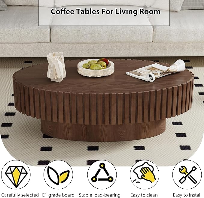 Oval Fluted Coffee Table Mid Century Modern Coffee Tables with Handcrafted Relief Ellipse Drum End Table Rustic Industrial Center Tables for Apartment Living Room (Brown Oval)