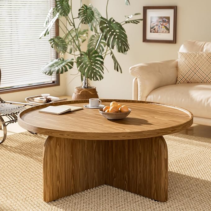 Round Coffee Table with Stylish Curve, 31.5" Circle Wooden Living Room Coffee Table, Modern Farmhouse Center Accent Furniture, Child-Friendly, Easy to Assembly, Brown