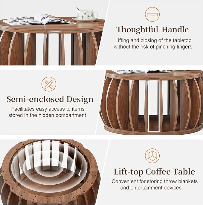 Drum Coffee Table with Storage,31.5” Wood Round Coffee Table,Farmhouse Pumpkin-Shaped Center Table for Living Room Home Office (Walnut)