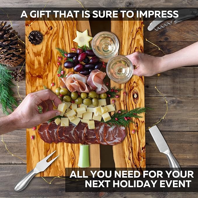 Handcrafted Italian Olive Wood Cheese & Charcuterie Board Set with Unique Black Resin Artwork - Cutting Board Comes with 4 Cheese Knives, 2 Dipping Bowls & Corkscrew Wine Opener (Black)