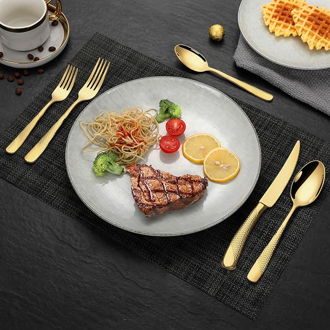 Lemeya 40-Piece Hammered Gold Silverware Set for 8 with Serrated Forging Knives,18/10 Stainless Steel Modern Flatware Set,Unique Cutlery Set Spoons and Forks Set,Mirror Polished,Dishwasher Safe