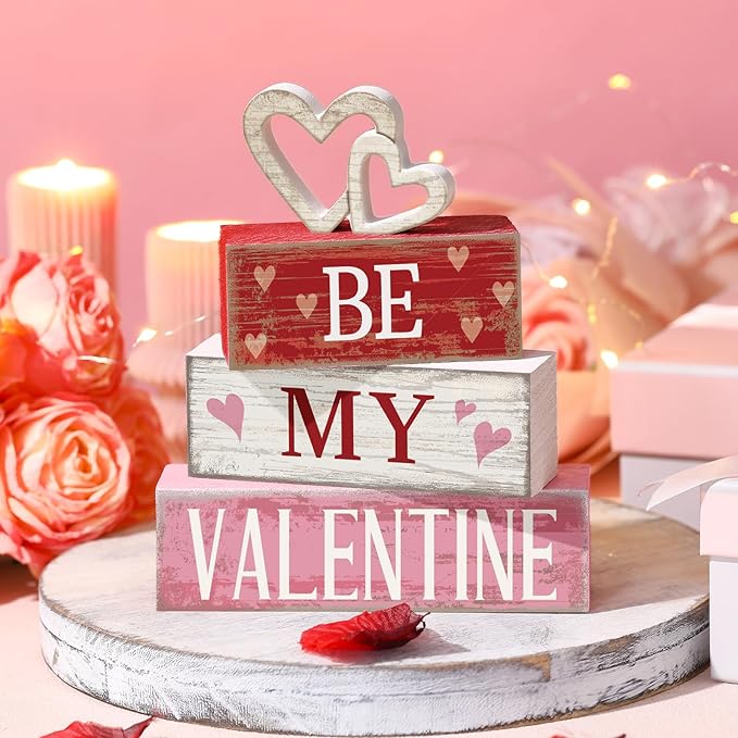 4 Pcs Valentine Decorations Valentine Wooden Sign Love Table Centerpiece Tiered Tray Decor Decorative Faux Book Stack Block for Coffee Table Fireplace Mantel Floating Shelf