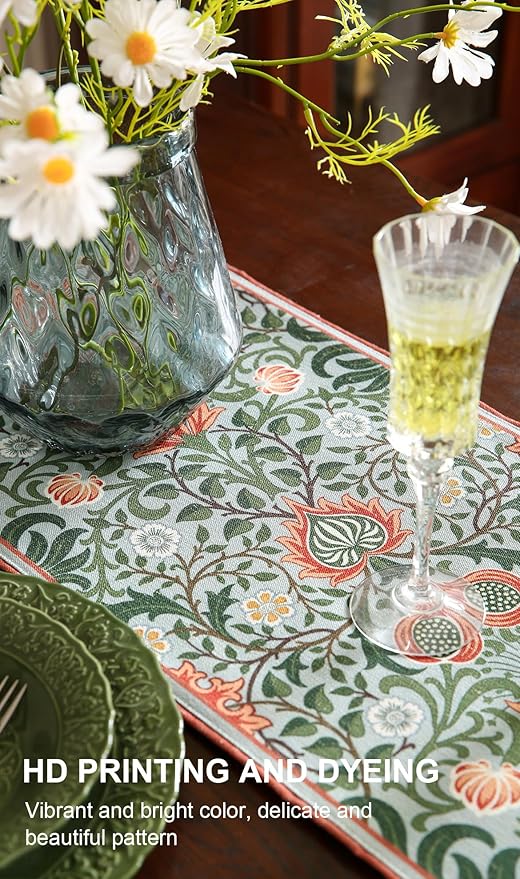 ISAENNE Designer French Green Elegant Linen Table Runner 71 Inches Long,Colorful Flower Pattern Soft Table Runners for Dining Tables,Thanksgiving,Kitchen Tables,Christmas,12"*71"-Naples B