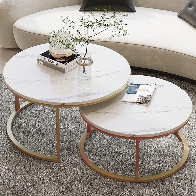 WiberWi Round Coffee Table Nesting Tables Set of 2, Large : Ø 34.0", Small : Ø 26.0", Modern Design Coffee Tables for Living Room, Gold Metal Frame Circle Cocktail Table, High Glossy Faux White Marble