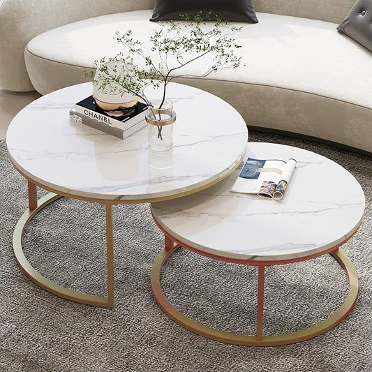 WiberWi Round Coffee Table Nesting Tables Set of 2, Large : Ø 34.0", Small : Ø 26.0", Modern Design Coffee Tables for Living Room, Gold Metal Frame Circle Cocktail Table, High Glossy Faux White Marble