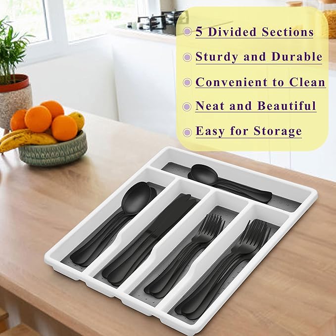 Herogo 40-Piece Matte Black Silverware Set with Drawer Organizer, Stainless Steel Flatware Cutlery Set for 8, Modern Tableware Eating Utensils with Tray, Dishwasher Safe, Satin Finish
