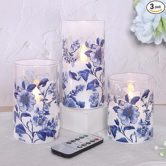 Impress Life Chinoiserie Decor Flameless Candles Blue and White Battery Operated with Remote & Timer Blue White Floral Printed Glass Flickering LED Pillar Candle for Wedding Party Home Table Decor