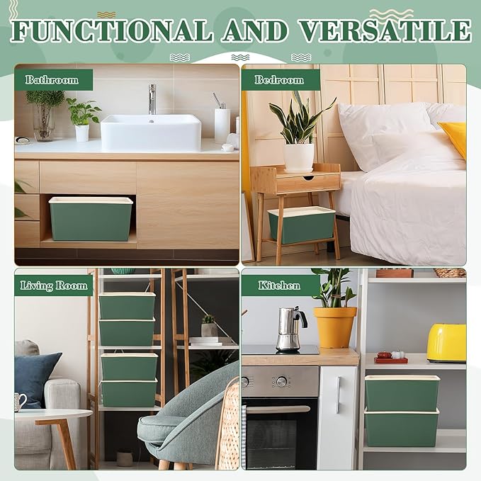 Menkxi 4 Pcs Storage Bins with Lids Plastic Containers Stackable Storage Box Baskets for Organizing Shelves(Green,Large)