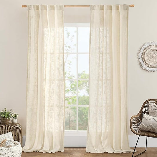 LAMIT Beige Linen Curtains for Living Room 2 Panels Set, 84 Inch Faux Linen Textured Light Filtering Drapes Back Tab and Rod Pocket Boho Panels for Farmhouse/Bedroom/Porch, 38 x 84 Inch