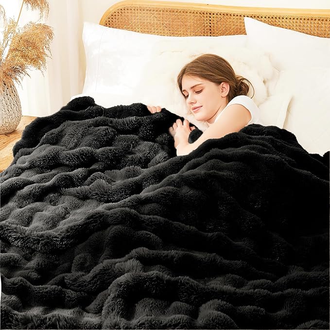 L'AGRATY Faux Rabbit Fur Blanket: 50" x 60" Luxury Soft Fluffy Thick Fur Throw Blanket for Couch Bed Sofa - Cozy Plush Bubble Blankets for Winter: Warm Flannel Fleece Decorative Blanket(Black)