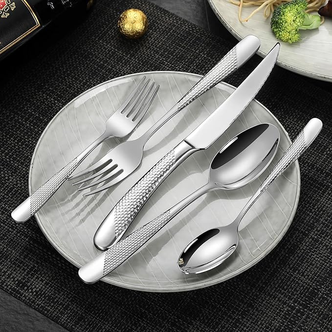 Lemeya 20-Piece Hammered Silverware Set for 4 with Serrated Forging Knives,18/10 Stainless Steel Modern Flatware Set,Unique Cutlery Set Spoons and Forks Set,Mirror Polished,Dishwasher Safe