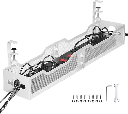 Under Desk Cable Management Tray 24.8", Quszmd Cable Organizer No Drill, Standing Cord Organizer and Wire Management Tray - No Damage to Desk, White
