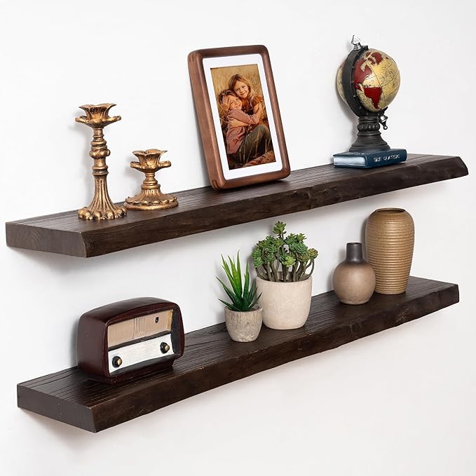 Marsmiles 36 inch Floating Shelves for Wall Elm Wood Live Edge Shelves|Rustic Wall Shelves with Invisible Heavy-Duty Bracket for Bathroom Living Room Kitchen|Walnut, 2 Pack
