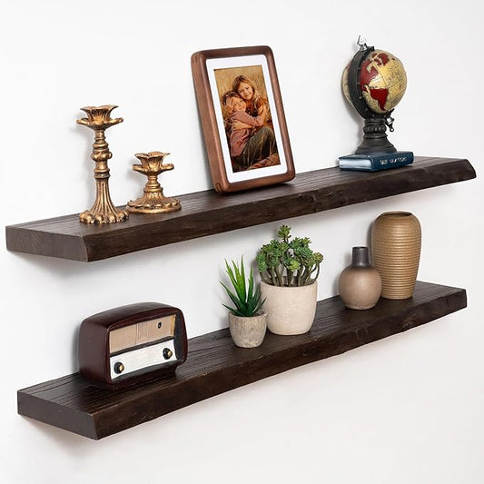 Marsmiles 36 inch Floating Shelves for Wall Elm Wood Live Edge Shelves|Rustic Wall Shelves with Invisible Heavy-Duty Bracket for Bathroom Living Room Kitchen|Walnut, 2 Pack