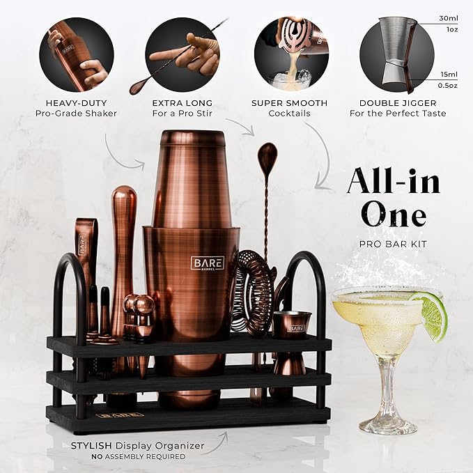 BARE BARREL® Mixology Bartender Kit Bar Set | 14-Piece Cocktail Shaker Set | Martini Barware Mixing Tools for Home Bartending | 35 Recipe Cards | Gift Set (28oz Boston Shaker, Copper/Black)