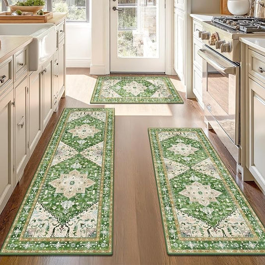 Yamaziot Boho Washable Kitchen Rugs Sets of 3, Non Slip Kitchen Mats for Floor with Rubber Backing, Waterproof & Stain Resistant Thick Carpet Runner Throw Rug for Kitchen, Laundry Room, Hallway, Green