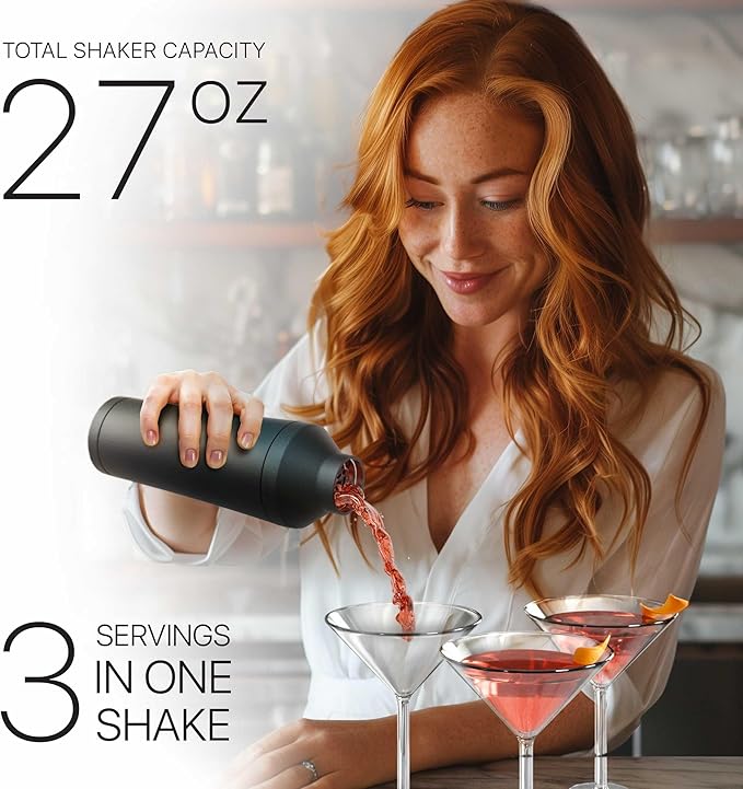 Insulated Cocktail Shaker Set | Double Wall Stainless Steel | Martini Shaker for Home Bar Bartending | Built-in Drink Measurement System & Strainer, Travel Bag, 35 Recipes | Gift Set (Matt Black)