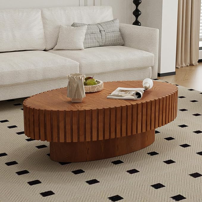 Oval Fluted Coffee Table Mid Century Modern Coffee Tables with Handcrafted Relief Ellipse Drum End Table Rustic Industrial Center Tables for Apartment Living Room (Wood Oval)