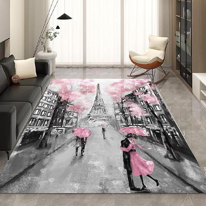 kxry 6 * 9 Feet Pink Paris Eiffel Tower Soft Area Rugs for Kids Girls Women French Style Couple Lover Flower Floor Carpet for Living Room Bedroom Dorms Nursery Rooms Home Decor Aesthetic