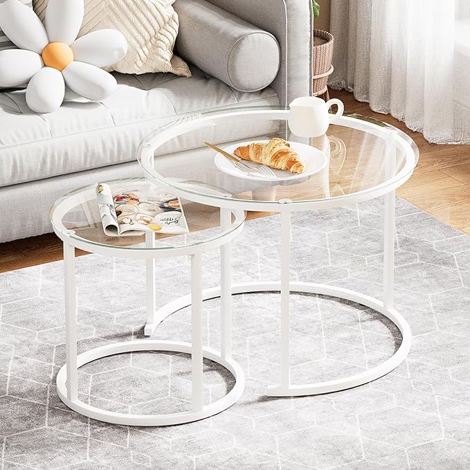 aboxoo White Nesting Glass Table Set of 2, Small Glass Round Nesting Tables for Living Room Bedroom, Accent Tea Table with Metal Frame Modern Industrial Simple