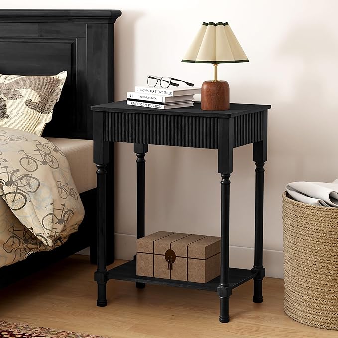 23.6” Large End Table with Charging Station, Modern Farmhouse Side Table Sofa Tables with Fluted Drawer, Wooden Bedside Table Night Stand for Bedroom Living Room Home Office, Black