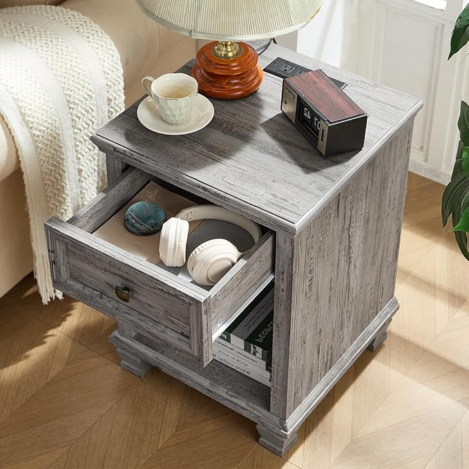 Farmhouse End Tables Living Room Set of 2, Rustic Wood Nightstand with 1 Drawer, Bedside Table with Open Shelf for Bed Room, Side Table for Living Room, Grey