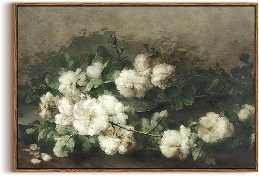 KISSFOX Framed Vintage Floral Wall Art White Flower Botanical Painting Canvas Prints Retro Rustic Farmhouse Pictures Cottagecore Aesthetic Office Decor Bedroom Bathroom Living Room