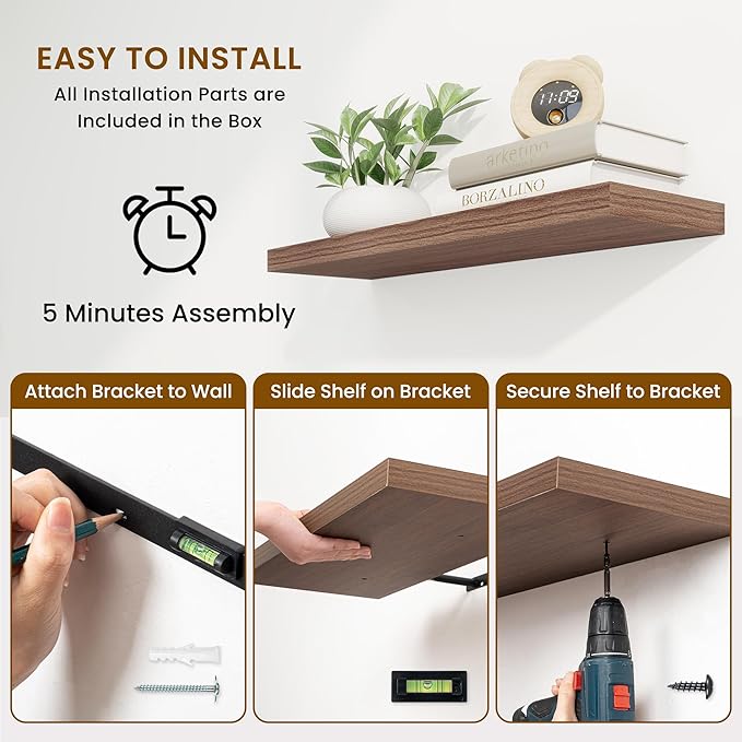 Fun Memories 24 Inch Floating Shelves for Wall, 9 Inch Deep Walnut Rustic Wood Wall Mounted Shelves for Bathroom, Kitchen, Living Room, Set of 2