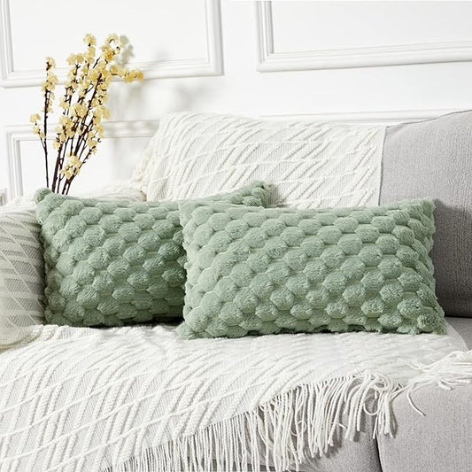 Yaertun Pack of 2 Super Soft Cozy Lumbar Decorative Throw Pillow Covers Fuzzy Plush Faux Fur Luxury Cushion Cover Pillowcase for Sofa Couch Bed Livingroom 12x20 Inch Sage Green