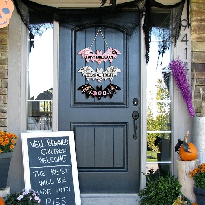 HPNIUB Halloween BOO Door Sign Decorations, Happy Halloween Welcome Hanging Wood Sign for Front Door, Wooden Bat Spider Wooden Plaque Ornaments for Home Wall Halloween Party Decor