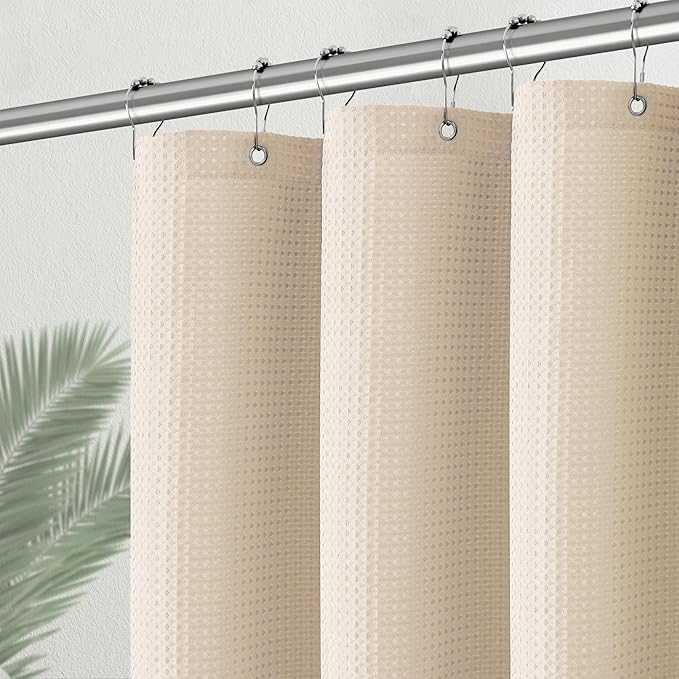 Beige Fabric Shower Curtain - Waffle Textured Heavy Duty Shower Curtains for Bathroom, 256GSM Hotel Spa Luxury Weighted Bath Curtain with 6 Hooks, 36x72, Beige