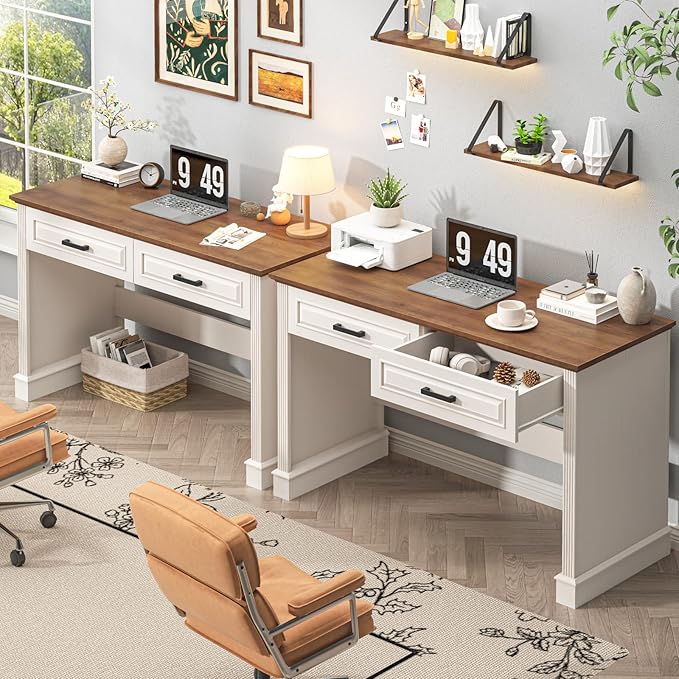 Farmhouse Executive Desk, 48 Inch Computer Desk with 2 Drawers, Simple Home Office Writing Desk Workstation for Bedroom Study Small Spaces, White and Brown
