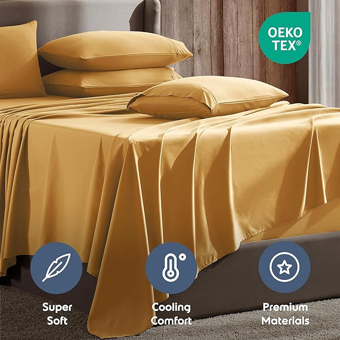 Nestl Extra Deep King Sheet Set - 6 Piece Breathable & Cooling Sheets - Hotel Luxury Bedding Set w/18-24 Inch Deep Pockets - Easy & Secure Fit - Super Soft, Wrinkle Free & Comfy - Camel Gold