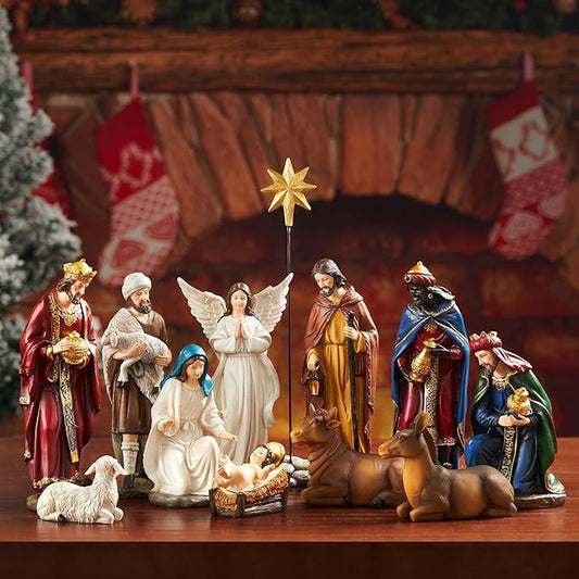 Nativity Sets for Christmas Indoor Set of 13 Pieces 7.9 Inches Tabletop Holidays Decor Nativity Scene Resin Figurines Set Religious Decorations Collection Gifts