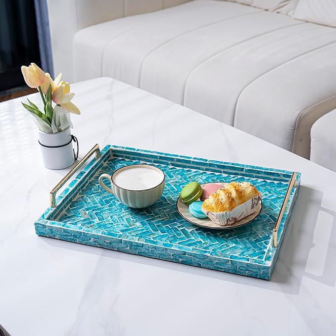 PEMAR Capiz Shell Decorative Tray with Gold Handles – 15.7"x11.8" Rectangular Display & Serving Tray for Vanity, Dresser, Bathroom (Mosaic Chevron)