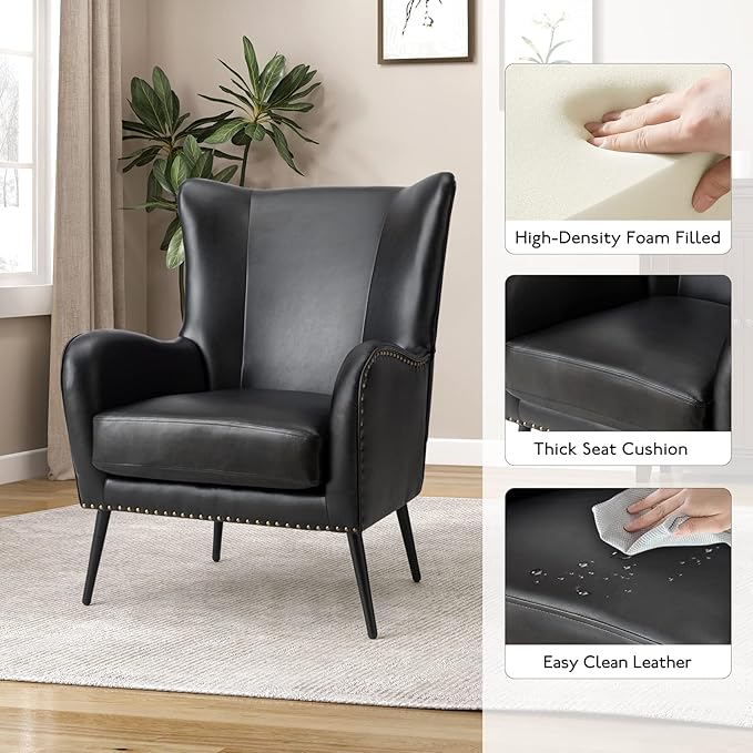 HULALA Home Faux Leather Accent Chair w/Removable Cushion, Comfy Upholstered Armchair with Black Metal Legs & Nailhead Trim Wingback Vanity Chair Desk Chair for Reading Living Room Bedroom, Black