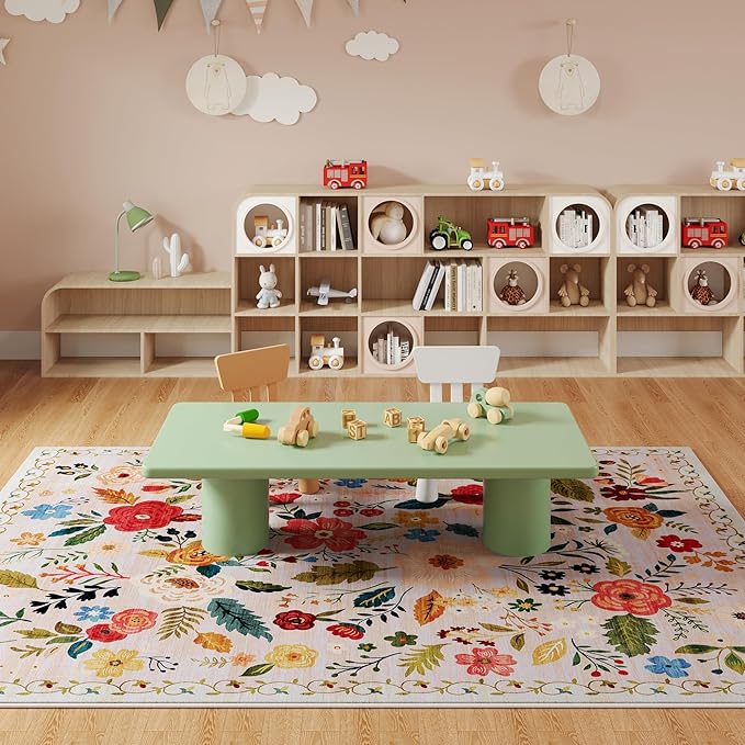 Rugcomf Living Room Rug 6x9 Rug Machine Washable Boho Area Rug Non Slip Floral Vintage Low Pile Large Rug for Living Room, Bedroom, Farmhouse, Dining Room, Kids Playroom(Beige)