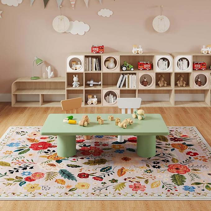 Rugcomf Living Room Rug 5x7 Rug Machine Washable Boho Area Rug Non Slip Floral Vintage Low Pile Large Rugs for Living Room, Bedroom, Farmhouse, Dining Room, Kids Playroom(Beige)