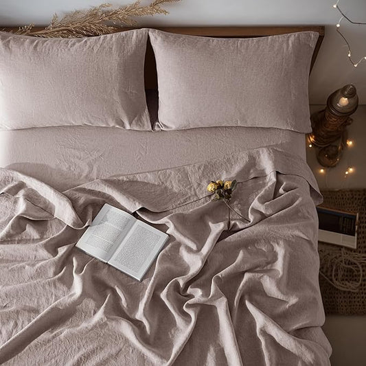 LBRO2M 100% Linen Sheet Set 16" Deep Pocket Full Size,Bed Sheets 4 Piece Sets,Solid Color Natural Flax Bed Sheets Soft Breathable Bedding, All Season (Full, Mauve Desert)