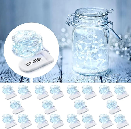 MUMUXI 20 Pack 3.3ft Fairy Lights Battery Operated String Lights, Mini White LED Powered, Waterproof, Silver Wire Firefly Mason Jar for Home, Party, Wedding Decorations, Cool White