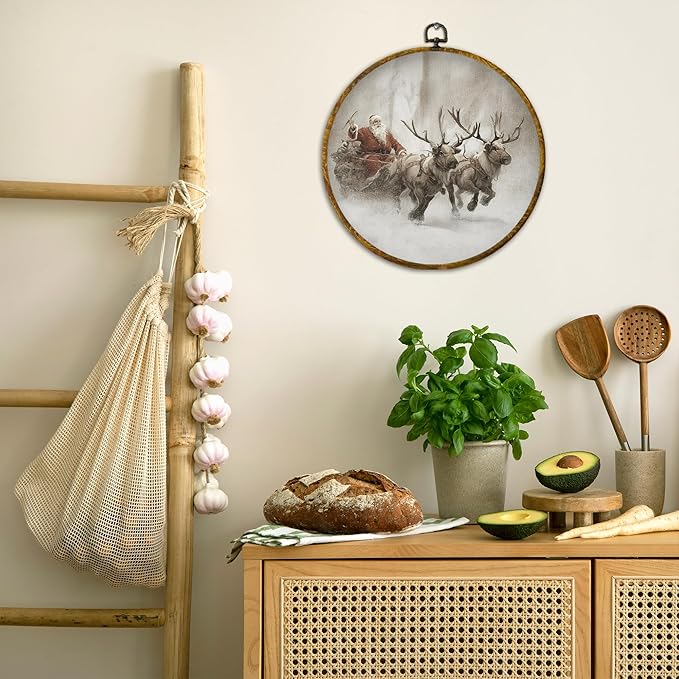 QZQE Vintage Christmas Santa and Reindeer Round Wall Art Decor Framed, Xmas Snowy Winter Circle Canvas Prints, Rustic Cozy Winter Circular Wall Hanging Decor for Home Bedroom Living Room, 10x10 Inch