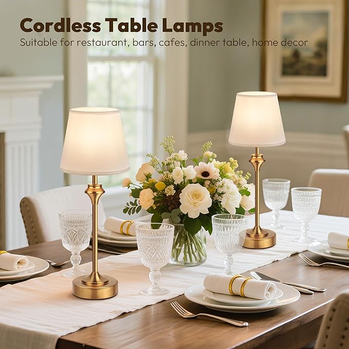 NIORSUN Portables Cordless Table Lamp,Battery Operated Lamp,5200mAh Bedside Table Lamp with Warm White,3 Way Dimmable Touch Desk Lamp for Bedroom Living Room Restaurant White Shade (Gold)