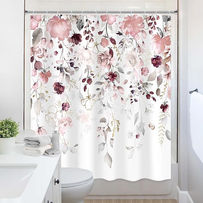 Floral Flower Shower Curtain 60Wx72L Inch Grey Pink Floral Blossom Eucalyptus Leaves Botanical Watercolor Wildflower Plant Girls Bathroom Set Rustic Bath Curtain Bathtub Accessories Home Decor
