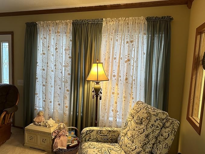 HOMEIDEAS Yellow Sheer Curtains 96 Inches Long 2 Panels Yellow and White Embroidered Floral Pattern Semi Sheer Window Curtains for Bedroom Living Room