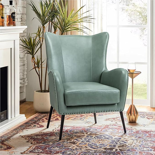 HULALA Home Faux Leather Accent Chair w/Removable Cushion, Comfy Upholstered Armchair with Black Metal Legs & Nailhead Trim Wingback Vanity Chair Desk Chair for Bedroom Reading Living Room, SAGE