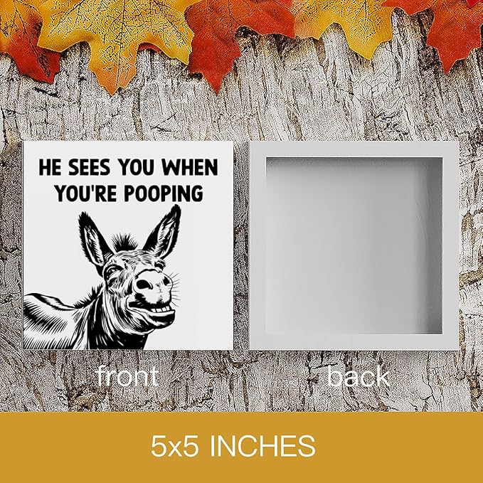 HTBIG Funny Donkey Bathroom Wooden Box Decor He Sees You when You Re Pooping Wooden Box Logo Put It on a Bathroom Corner Shelf to Create a More Cheerful Ambiance 5 x 5 Inch