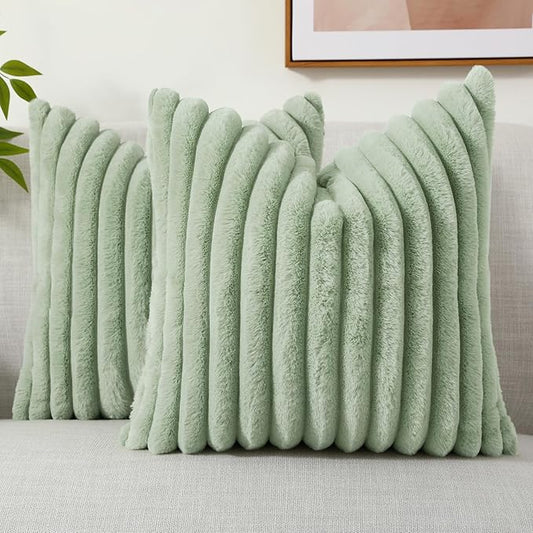 decorUhome Faux Fur Christmas Throw Pillow Covers 20x20 Set of 2, Decorative Soft Plush Striped Neutral Couch Euro Pillow Covers with Velvet Back for Sofa, Bed, Living Room Home Decor, Sage Green