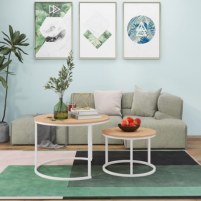 HOJINLINERO Round Coffee Table Set of 2 End Table for Living Room,Stacking Side Tables,Sturdy& Easy Assembly,Wood Look Accent Furniture with Metal Frame,Industrial/Modern Coffee Table White+Teak OAKDK