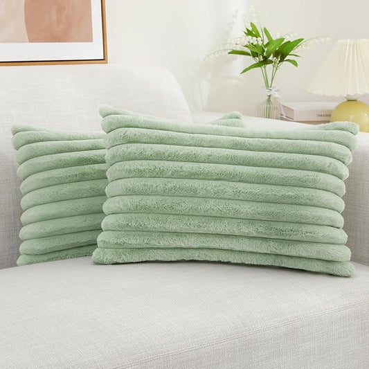 decorUhome Faux Fur Christmas Throw Pillow Covers 12x20 Set of 2, Decorative Soft Plush Striped Neutral Couch Euro Pillow Covers with Velvet Back for Sofa, Bed, Living Room Home Decor, Sage Green