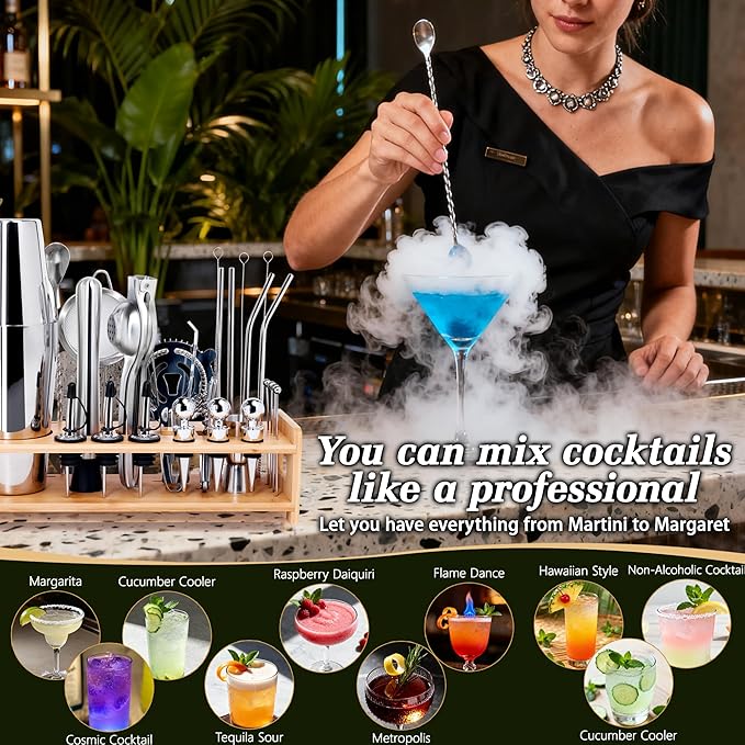 JUSTDOMI 26-Piece Stainless Steel Bar Tool Set Bartender Accessories, Cocktail Shaker Set Bartender Kit with Stand, Cocktails Kit with Muddler for Bar Accessories, Home, Party Cafe Drinks-Style 1